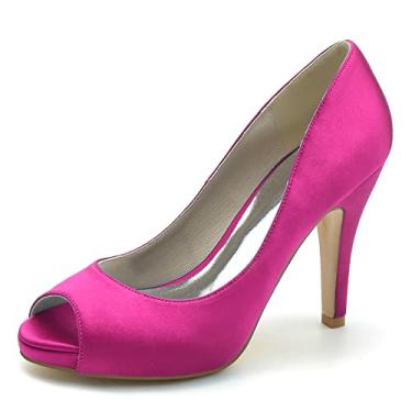 Imagem de Sapatos de noiva stiletto femininos escarpins de cetim marfim Peep Toe salto alto sapatos sociais,Rose,8 UK/41 EU