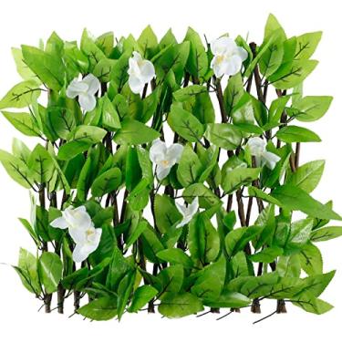 Imagem de Tela de Privacidade para Cerca Expansível 40x180cm Folhas Artificiais Painel de Esgrima com 8 Modos Luzes Solares Falso Hedge Flower Fence Pano de Fundo Decorativo (Branco-Sem Luz)