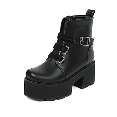 Imagem de Botas de plataforma de tornozelo femininas com cadarço bloco robusto punk alto salto gótico motocicleta botas de combate,Black,4 UK/37 EU