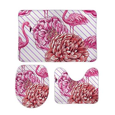 Imagem de Conjunto de tapetes de banheiro e 3 peças de peônias de flamingo rosa listradas, tapete de banheiro de espuma viscoelástica lavável antiderrapante tapete e tampa para banheiro