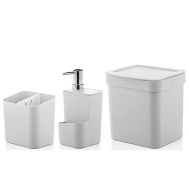 Imagem de Kit Cozinha Trium Escorredor Talheres + Dispenser Detergente + Lixeira - KTE 012 Ou - Branco