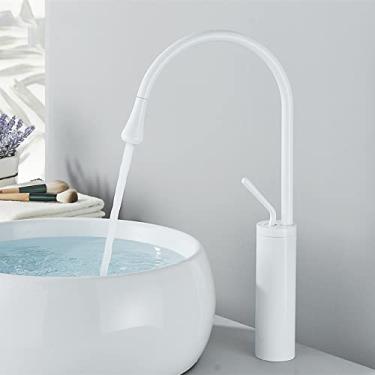 Imagem de Torneira da bacia do banheiro ouro escovado monocomando bico de latão misturador quente frio torneira da pia de água, branco alto, tamanho único