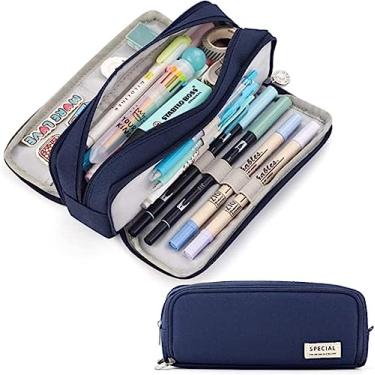 Imagem de Estojo de lápis grande Bolsa de armazenamento de grande capacidade 3 compartimentos Bolsa de lápis de lona para meninos adolescentes meninas Office School Student (Azul escuro)
