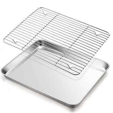 Imagem de Assadeira com conjunto de prateleira, assadeira de aço inoxidável E-far de 40,6 x 30,5 cm para forno, bandeja de metal com borda com grade de resfriamento de arame para cozinhar assar, descansar,