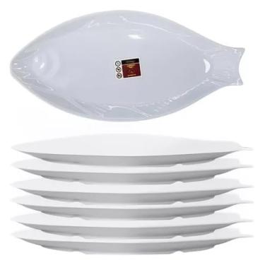 Imagem de Kit 6 Travessa Forma De Peixe Oval Melamina Premium Gourmet Branca Retangular para Servir Mesa Sushi Restaurante Buffet Pesqueiro Elegante e Resistente 39cm