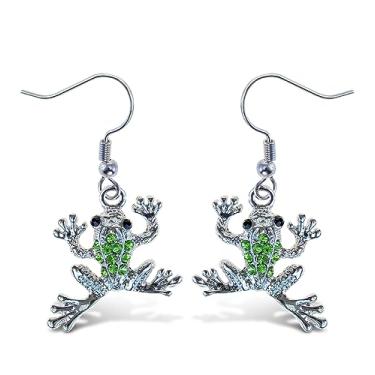 Imagem de Brincos pendentes de sapo verde e prata Aqua79 - Brincos pendentes boêmios de strass para mulheres e adolescentes, brincos de anzol de liga de zinco, brincos de animal sapo - 3,8 cm