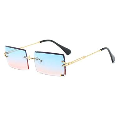 Imagem de Óculos de sol retângulo sem aro retrô LASPOR para mulheres, homens, lentes coloridas ouro metal sem moldura óculos vintage quadrados proteção uv400 azul rosa