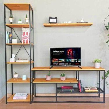 Imagem de Rack de TV Style Industrial com Estante Style de Ferro e Madeira Slim 