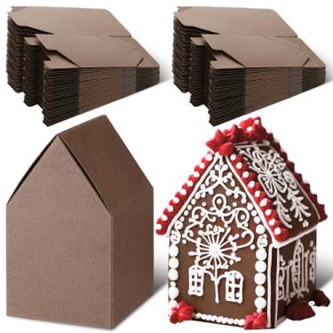 Imagem de Cholemy Kit de casas de biscoito de gengibre de Natal, 50 peças, caixas em forma de casa, papelão, artesanato de Natal, faça você mesmo, construa artigos de casa de gengibre para meninos e meninas, crianças, férias, festa divertida, decoração de jogos (marrom escuro)