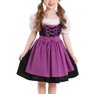 Imagem de FYMNSI Fantasia Oktoberfest para meninas, crianças, adolescentes, vestido tradicional alemão bávaro Dirndl com avental de empregada e roupa de Halloween, Roxa, 2-4 Anos