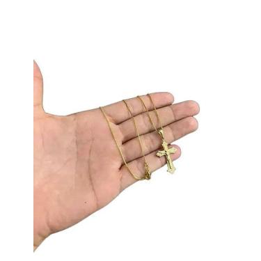 Imagem de Cordão veneziana 1mm + pingente cruz jesus - banhado a ouro - ToJoia18