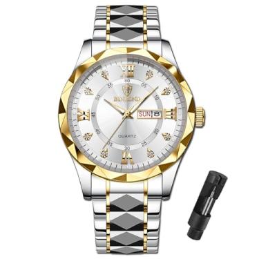 Imagem de yunanwa Relógio masculino de aço inoxidável, diamante, negócios, analógico, quartzo, à prova d'água, luminoso, data, dois tons, luxuoso, casual, relógios de pulso masculinos, Prata