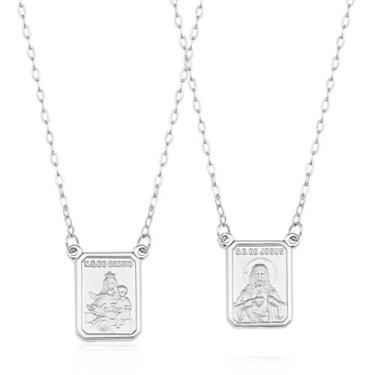 Imagem de Escapulário Ouro Branco 18k Nossa Senhora do Carmo e Sagrado Unissex -