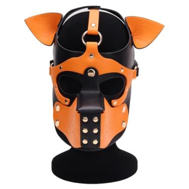 Imagem de ALMYMM Leather Puppy Mask, Neoprene Puppy Face Muzzle, Removable Full Face Pup Hood Mask, Halloween Mask, Men Cosplay Mask (Orange and Black)