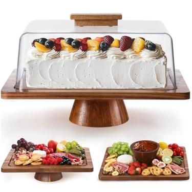Imagem de Famyards Expositor de bolo de madeira de acácia retangular de fazenda com tampa de cúpula de acrílico - suporte de bolo com pés 2 em 1, display de prato de bolo com capa para presentes de co