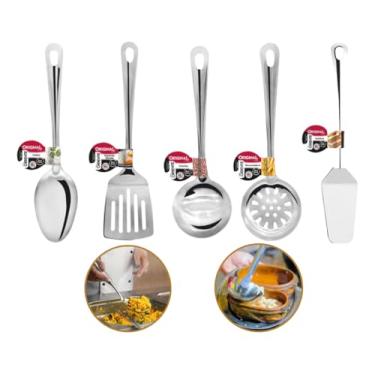Imagem de Conjunto Utensílio Cozinha Em Aço Inox Profissional Premium Pegador Escumadeira Concha Colher Espátula Kit 5 Peças - 100% INOX