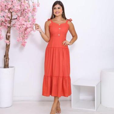 Imagem de Vestido Feminino Linho com Botões e Alça com Amarração Tendência Casua