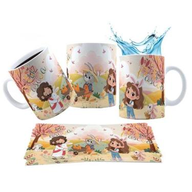 Imagem de Caneca 325ml Plástico Feliz Páscoa Jesus Cristo Coelhinhos - LARANJA E