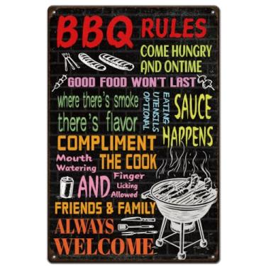 Imagem de SUPERDANT BBQ Rules Placa de latão Always Welcome Placa de metal com citações de churrasco Placa de metal vintage cozinha metal arte pôster engraçado placas e placas para bares de cozinha, pub homem
