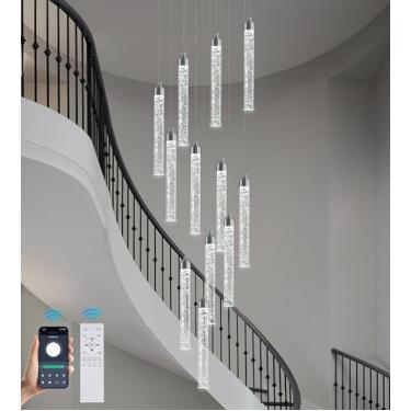 Imagem de Upfelw Lustre De Cristal Para Escada, Lustre Moderno Cromado Grande Em Espiral Com Leds Em Formato De Gota De Chuva, Luminária Pendente Para Sala De Estar Com 12 Luzes E Controle Remoto