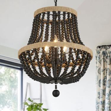 Imagem de VANZARLA Lustre Boho De 3 Luzes, Estilo Fazenda, Pendente De Contas De Madeira, Luminária Pendente Rústica Preta Para Cozinha, Entrada, Quarto, Berçário, Sala De Jantar, Hall De Entrada