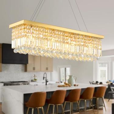Imagem de MSSIAN Lustre Retangular De Cristal Dourado Com 6 Luzes, Luminária Pendente Retangular Moderna Em Formato De Gota De Chuva, Lustre De Cristal Moderno Para Sala De Estar, Sala De Jantar, Cozinha, Ilh