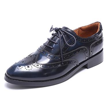Imagem de Mona flying Sapato feminino de couro perfurado com cadarço Oxfords Brogue Wingtip Derby feminino, Azul e preto, 41 BR