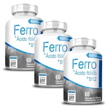 Imagem de 3x Suplemento de Ferro + Ácido Fólico + B12, 60 Cápsulas, 500mg, 100% Natural, Sem Glúten, Sem Lactose