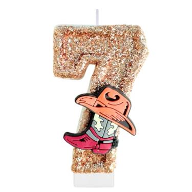 Imagem de Velas número de aniversário para bolo, velas número 7 de caubói, decorações de bolo de rodeio para meninos, topo de bolo de chapéu, enfeite de cupcake para botas para festas de aniversário ocidentais