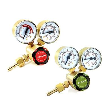 Imagem de KOLENSA Conjunto de calibres duplos de gás de soldagem, oxigênio (CGA-540) acetileno (CGA-200) (2 peças), kit completo de latão para tanques portáteis compatível com corte de tocha Victor