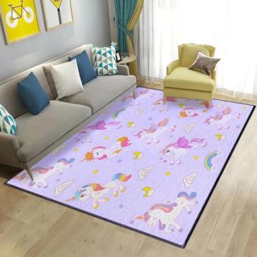 Imagem de Lindo tapete de unicórnio para crianças, meninas, sala de estar, quarto, tapete antiderrapante para crianças, meninas, sala de jogos, tapete decorativo roxo 150 x 99 cm