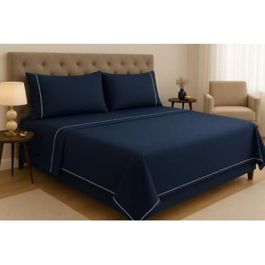 Imagem de Jogo de Lençol Queen 4 Peças 600 Fios Egípcio 100% Algodão – Fronhas e Lençol de Cima com Ponto Palito, Tecido Premium e Toque Macio (Azul Marinho)