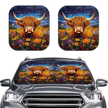 Imagem de GENANY Para-brisa infantil Highland Cow Flowers 2 peças para caminhão SUV (28 x 31 polegadas), para-sol para-brisa, persianas para janelas frontais, para-sol para para-brisas de carro, blocos de