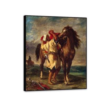 Imagem de Impressão de reprodução de pinturas famosas em tela, árabe selando seu cavalo, pôster vintage para decoração de sala de estar, coleção de arte clássica, 40 x 30 cm (16 x 12 pol), moldura preta