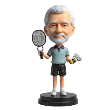 Imagem de Bobblehead de jogador de badminton personalizado com equipamento da sua foto para fãs de esportes de peteca, pai, namorado, irmão, amantes de atividades ao ar livre, exibição exclusiva de mesa