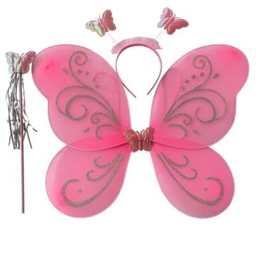 Imagem de Fantasia Infantil kit borboleta com Tiara e Varinha para Festas,carnaval, Halloween e brincadeiras Rosa.