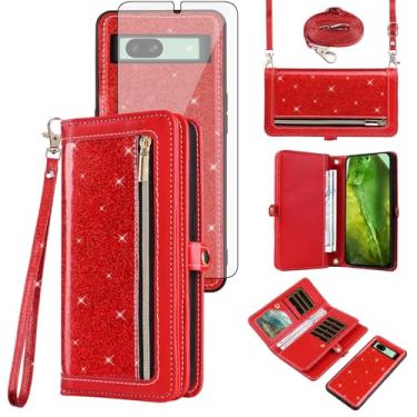 Imagem de Asuwish Capa de celular para Google Pixel 8A carteira com zíper destacável com protetor de tela de vidro temperado, alça transversal com glitter, compartimento para cartão Pixel8A A8 5G, mulheres