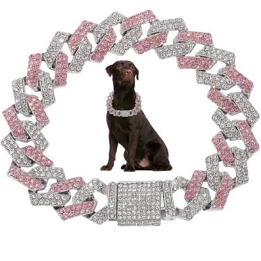 Imagem de Corrente de elos cubanos rosa para cães, colar de gatos brilhantes de metal cristal brilhante strass filhote de cachorro coleiras para animais de estimação pequenos, médios e grandes, meninos fêmeas