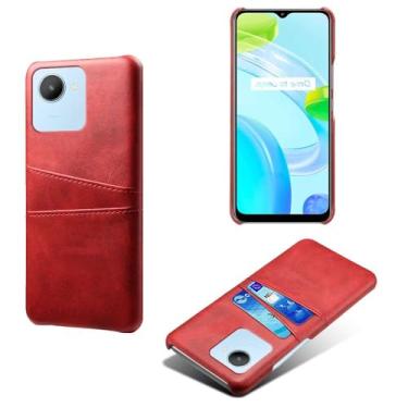 Imagem de Capas Compatível com OPPO Realme C30 4G,tampa protetora de couro falso,design de saco de cartão com 2 fendas de cartão atrás,proteção anti-impressão digital e anti-gota-Red