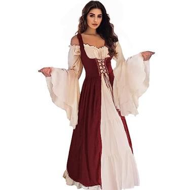 Imagem de Vianinfalo Vestido Renascentista Feminino Irlandês Medieval Pirata Fantasia Ren Faire Fantasia de Halloween, 01 Borgonha, Large-X-Large