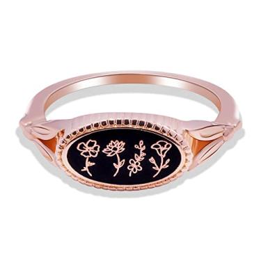 Imagem de Anel de flor de ágata preta personalizado mês de nascimento anel floral família anel de presente personalizado para ela, Metal não precioso, Sem pedra preciosa