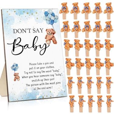 Imagem de Unittype 51 peças de lembrancinhas de jogo Don't Say Baby Shower incluem placa de chá de bebê de urso azul e 50 mini prendedores de roupa de urso para meninos, artigos de decoração de festa revelados