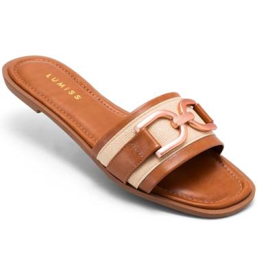 Imagem de Sandália Rasteira Feminina Lumiss Básica Casual Confortável Juta Enfeite Metal caramelo36