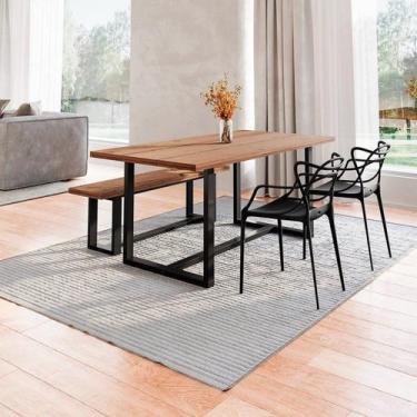 Imagem de Conjunto Mesa de Jantar Rústica e Banco de Madeira Maciça com Cadeiras