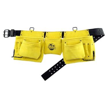 Imagem de Graintex DS2219 avental profissional de trabalho com 11 bolsos cor amarela camurça couro com cinto de couro de 5 cm, 2 suportes de martelo para construtores, eletricistas, encanadores, faz-tudo,