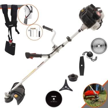 Imagem de Aparador de Grama Completo Kawashima KW52-LE À Gasolina 2T 52cc 10.000rpm 2,5HP de Potência Com Kit 4 Lâminas de Corte, Trimmer e Carretel de Nylon