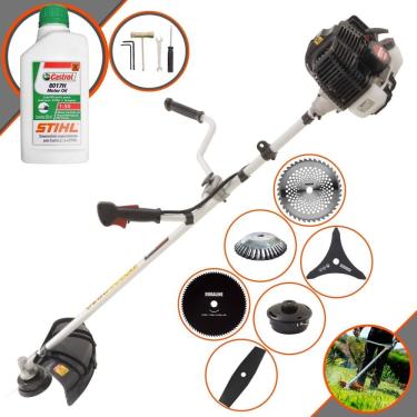 Imagem de Roçadeira Aparador de Grama À Gasolina Kawashima KW52-LE 52cc 2,5HP 10.000rpm Completo Com Kit 4 Lâminas + Carretel + Escova de Aço + ÓLEO STIHL 2T