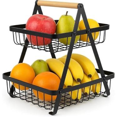 Imagem de FRUTEIRA ORGANIZADORA METÁLICA 2 ANDARES COM ALÇA DE MADEIRA – DESIGN MODERNO PARA COZINHA, BANHEIRO OU ESCRITÓRIO