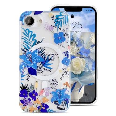 Imagem de UEEBAI Capa magnética para iPhone 16e, capa de flores compatível com MagSafe, capa de telefone floral bonita com carregamento sem fio, flores luxuosas, antiamarelamento, capa transparente para