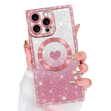 Imagem de Bonoma Glitter magnético para iPhone 16 Pro Max [compatível com MagSafe], capa retangular de luxo com estampa de coração de amor, proteção de câmera, capa traseira macia brilhante para mulheres e